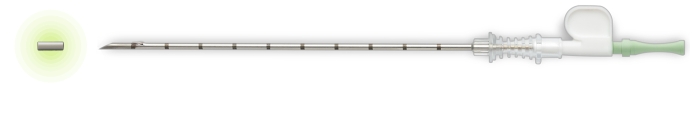 Preloaded 14G Pintuition needle with the magnetic marker glowing at the tip.