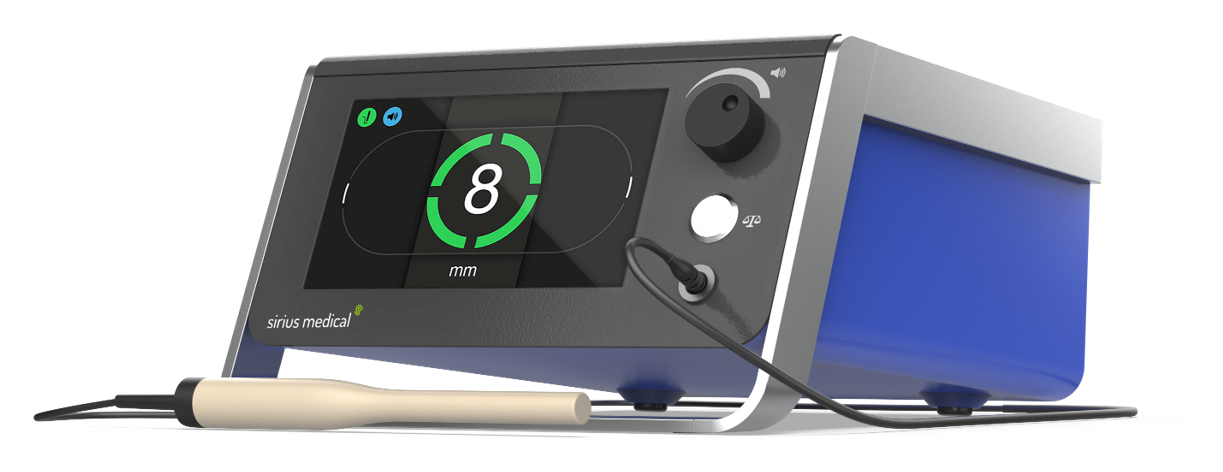 Pintuition base unit and Pintuition Slim Probe — the System showing an 8 mm distance with directional guidance.