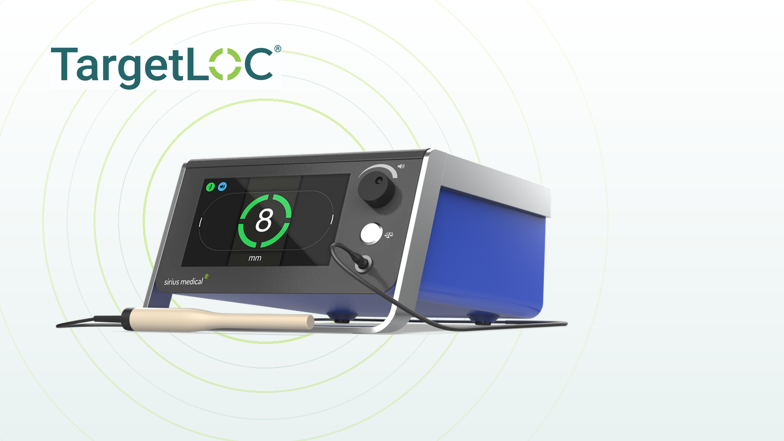 TargetLOC — the Pintuition base unit showing an 8 mm on-target reading